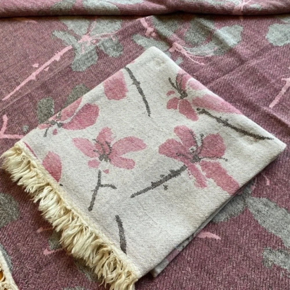 Cherry Blossoms Loom Weave 2 Side Wrap Blanket Towel Sarong Tapestry Hand Weave